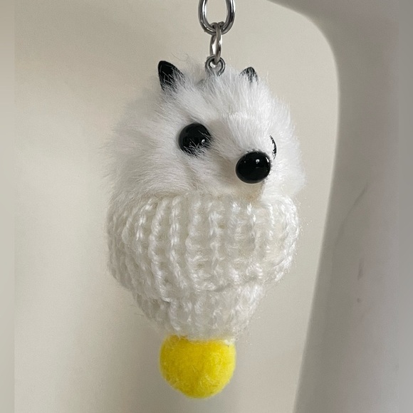 White Animal Keychain with Yellow Pom Pom in Mini Knitted Hat - Picture 6 of 11